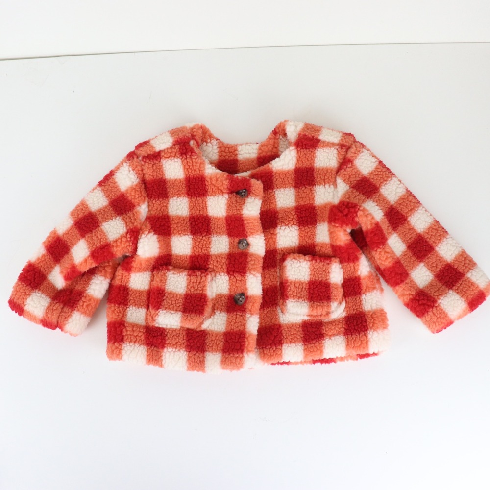 Hanna Andersson Baby Printed Faux Shearling Jacket 6-12 Months Red Gingham Plaid - Picture 2 of 8